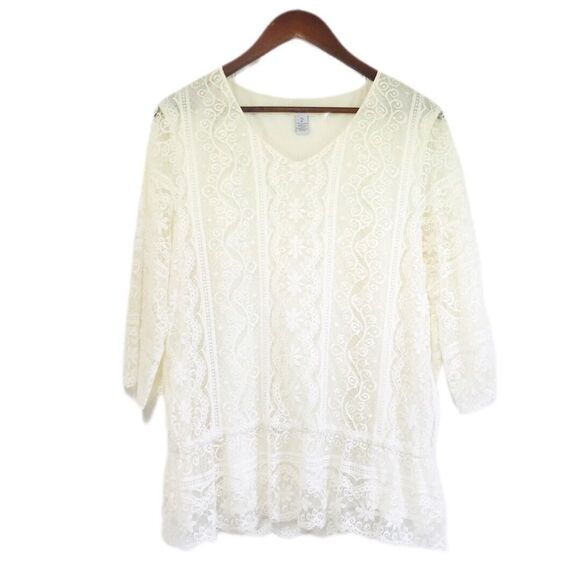CHICOS Ivory White Lace V-Neck Peplum Hem Blouse Top 3/4 Sleeve Size 2 Large 12 - Picture 1 of 10